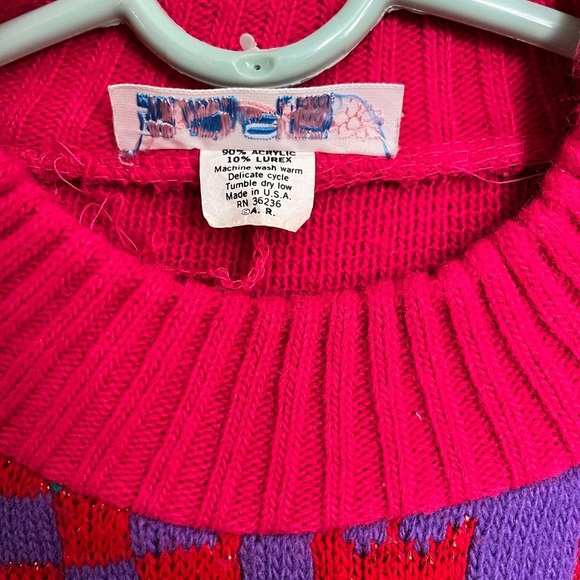 vintage acrylic lurex sweater scottie dog heart flower bows geometric 80s 1980s - Picture 5 of 6